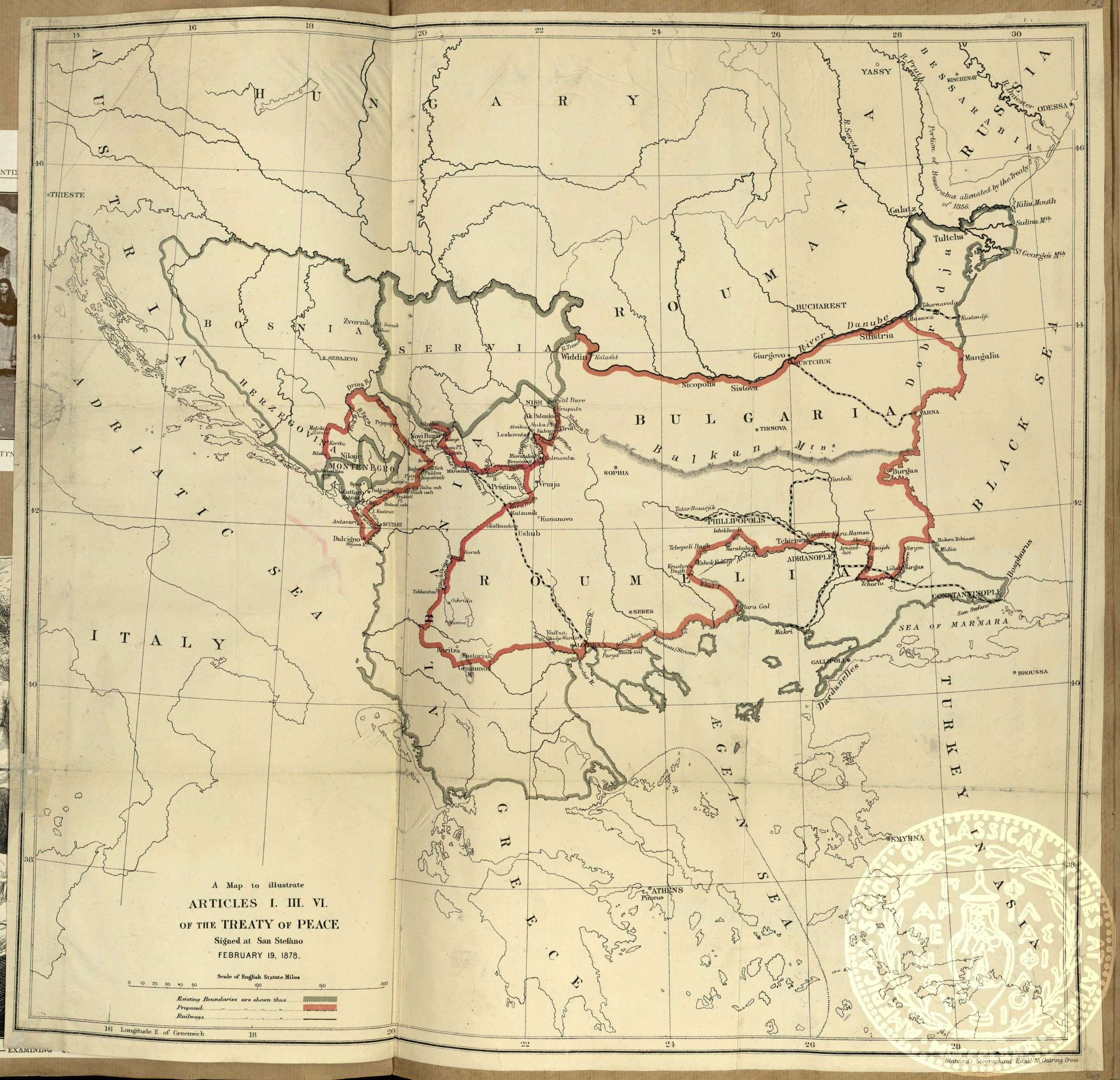 A Map to illustrate Articles I. III. VI. of the Treaty of Peace signed at San Steffano Feburary 19, 1878.